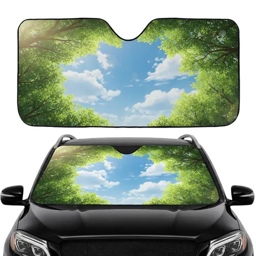 Lush Green Foliage Tree Canopy Blue Sky Sunlit View - Road Trip Essentials Car Sunshade