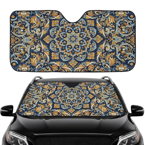 Ornate Mandala Floral Petals Scrollwork Foliage Geometric Accents - Car Interior Travel Upgrade Car Sunshade