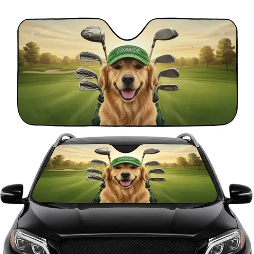 Golden Retriever Golf Dog Custom Name - Road Trip Gift for Golfer Car Sunshade