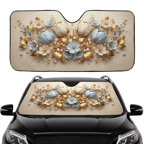 Cream White Blue Tulips Golden Floral Pearls - Car Interior Upgrade Car Sunshade