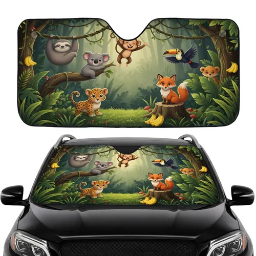 Tropical Jungle Animals Sloth Monkey Koala Leopard Fox Toucan - Road Trip Gift Car Sunshade