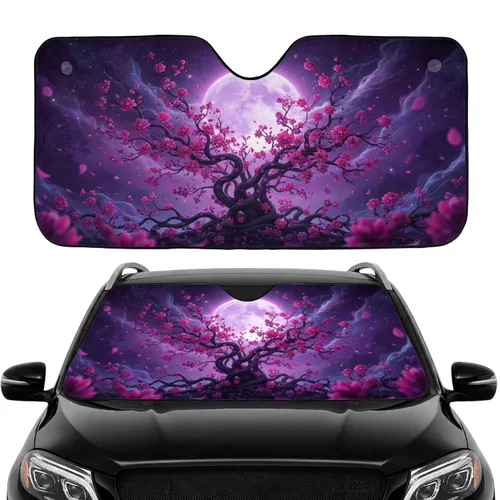 Glowing Full Moon Twisting Branches Fuchsia Violet Flowers Car Interior Upgrade Car Sunshade