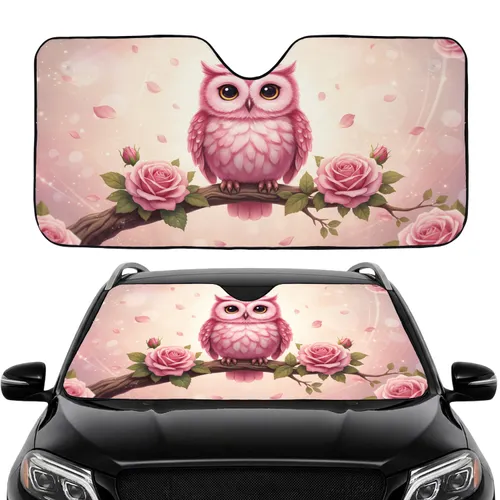 Fluffy Pink Owl Pink Roses Green Leaves Gnarled Branch Shimmering Stardust - Car Interior Upgrade Car Sunshade