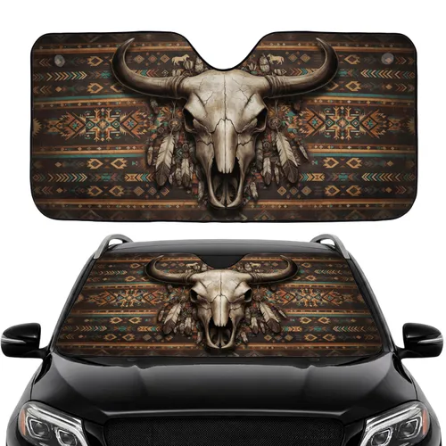 Bull Skull Southwestern Tribal Horse Feather Chevrons Diamond - Road Trip Gift Car Sunshade