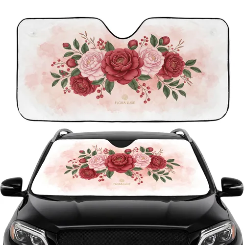 Red Pink Camellias Peonies Floral Arrangement with Green Foliage - Car Interior Upgrade Car Sunshade