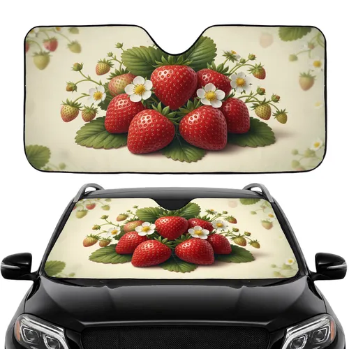 Natural Earthy Strawberry Fruit Blossoms Vines Leafy Foliage - Car Commute Accessory Car Sunshade