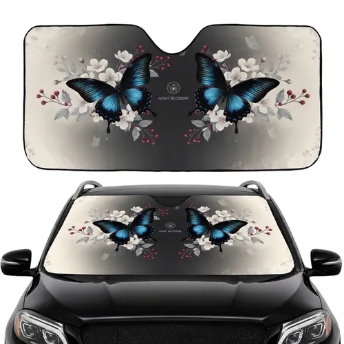 Iridescent Black Butterfly Cherry Blossom Foliage Berries - Road Trip Gift Car Sunshade