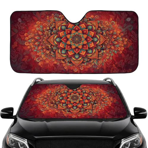 Folk Art Multi-Petal Floral Mandalas Circular Motifs - Car Interior Upgrade Car Sunshade