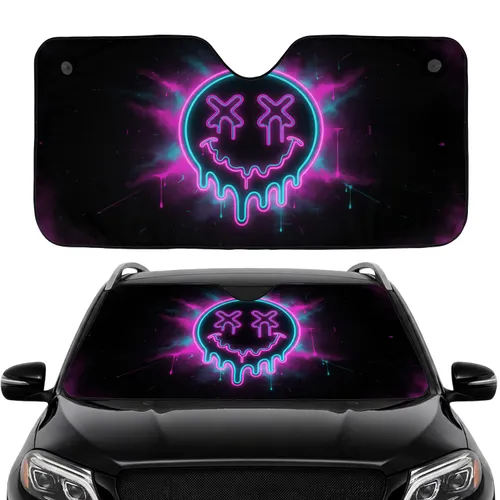 Neon Melting Smiley Face Distorted X-Eyes Jagged Mouth - Car Interior Upgrade Car Sunshade
