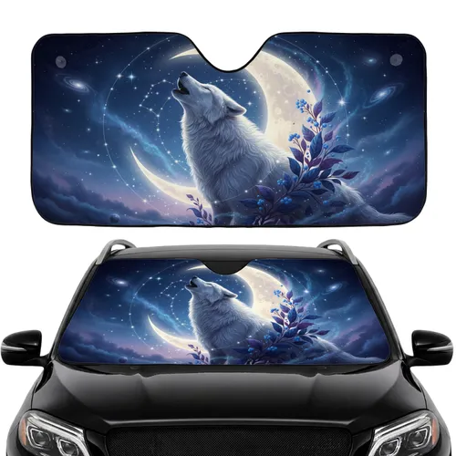 White Wolf Howling Crescent Moon Cosmic Night Sky Constellations Flora - Wolf Lover Road Trip Gift Car Sunshade