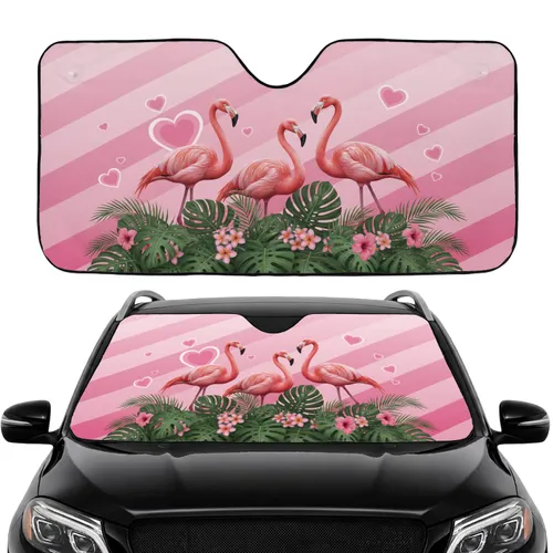 Pink Flamingos Wildlife Scene Lush Tropical Foliage Pink Hearts Car Interior Upgrade Car Sunshade