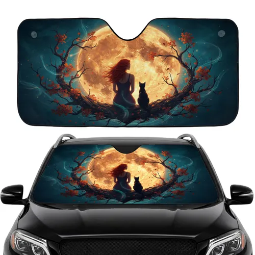 Woman Black Cat Fiery Moon Autumn Branches Mist - Road Trip Gift for Cat Lover Car Sunshade