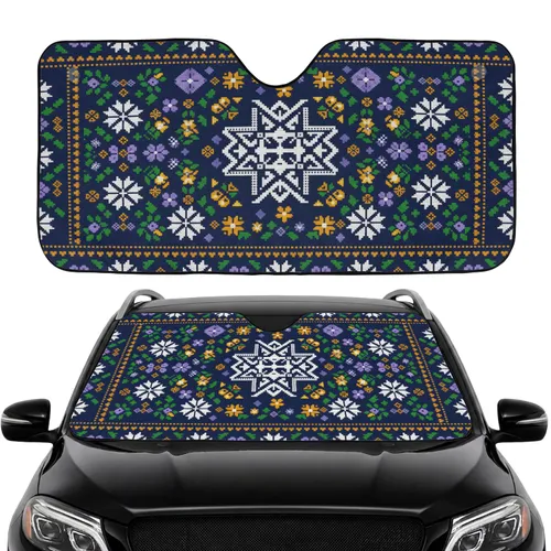 White Geometric Star Yellow Lavender Floral Green Leaf Diamond Zigzag Border - Car Interior Upgrade Car Sunshade
