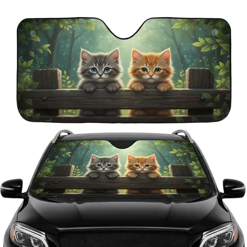 Fluffy Tabby Ginger Kittens Peeking Over Rustic Fence - Car Interior Upgrade Car Sunshade