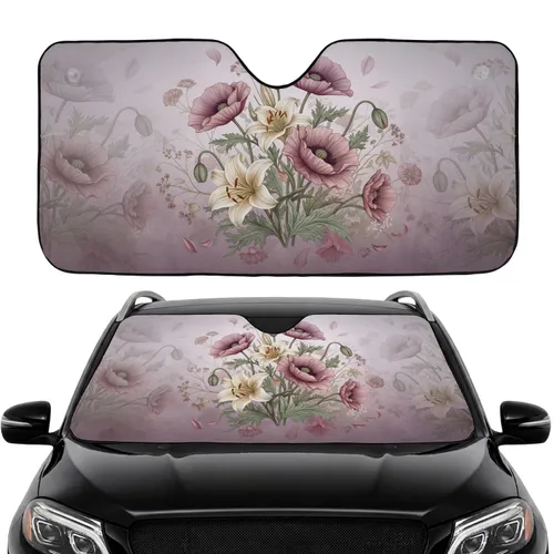 Large Poppies Lilies Wildflowers Botanical Floral - Car Interior Upgrade & Road Trip Essential Car Sunshade