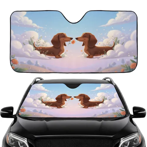 Brown Dachshunds Orange Flower Clouds - Travel Essentials Dog Lover Gift Car Sunshade
