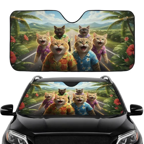 Singing Hawaiian Shirt Cats Palm Fronds Lush Hills Tropical Highway - Road Trip Gift Car Sunshade