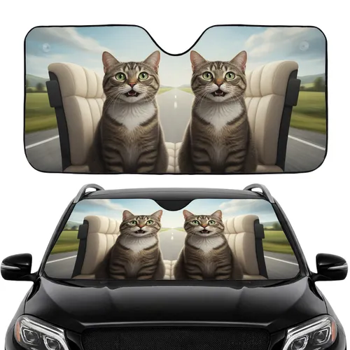 Tabby Cats Wide Green Eyes Open Mouth Car Interior Upgrade - Cat Lover Gift Car Sunshade