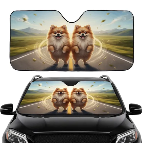 Pomeranian Dogs Scenic Road Trip Travel Essentials for Dog Lovers Car Sunshade
