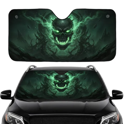 Menacing Cracked Skull Spectral Green Flames Ancient Realm - Essential Car Interior Upgrade Car Sunshade