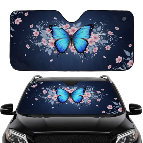 Iridescent Blue Morpho Butterfly Pink Cherry Blossom Vines - Car Interior Upgrade Car Sunshade