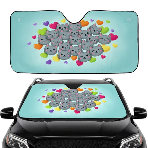 Grey Cats with Happy Smiling Expressions Floating Hearts Daily Travel Car Commute Accessory Car Sunshade