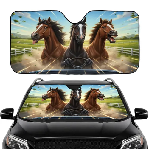 Three Anthropomorphic Horses Road Trip Scene - Car Interior Upgrade for Horse Lover Car Sunshade