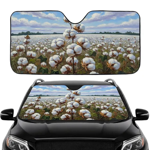 Fluffy White Cotton Bolls Vast Field Cloudy Sky Scene - Road Trip Accessory Gift Car Sunshade