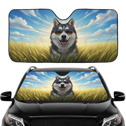 Smiling Husky Dog with Silver Sunglasses Golden Grass - Car Interior Upgrade for Dog Lovers Car Sunshade
