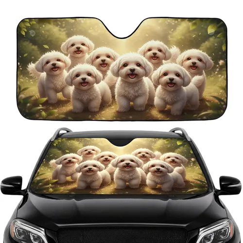 Happy Fluffy White Dogs Garden Scene - Car Interior Upgrade for Dog Lover Car Sunshade