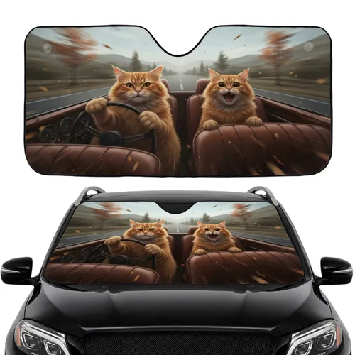 Ginger Tabby Cats Driving Vehicle Adventure - Road Trip Travel Essentials for Cat Lover Car Sunshade