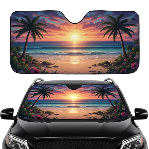 Tropical Beach Sunset Palm Trees - Road Trip Gift for Beach Lover Car Sunshade