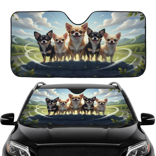 Joyful Chihuahua Dogs Green Hills Road Travel Essentials for Chihuahua Lovers Car Sunshade