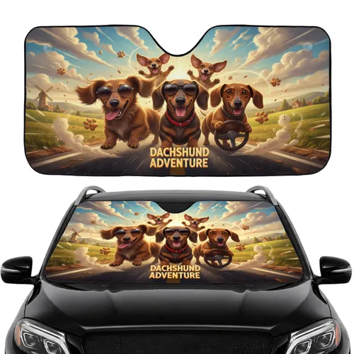Five Happy Dachshunds Driving - Road Trip Travel Essentials Gift for Dachshund Lovers Car Sunshade