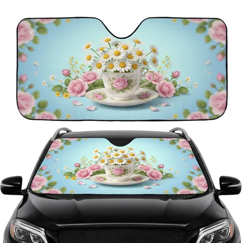 Vintage Porcelain Teacup Pink Rose Daisy Garden - Car Interior Upgrade Car Sunshade