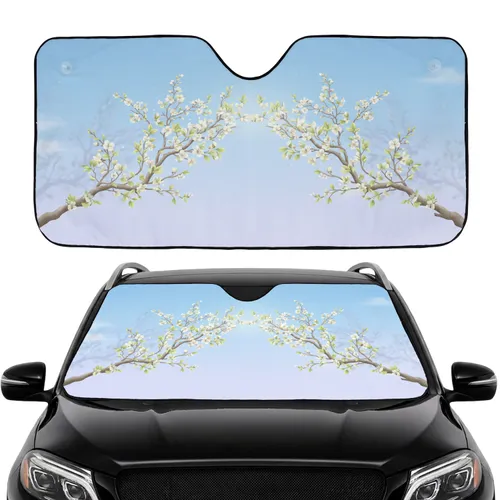 Delicate Ivory Green Blossoming Branches Crescent Moon Clear Sky - Car Interior Upgrade Car Sunshade