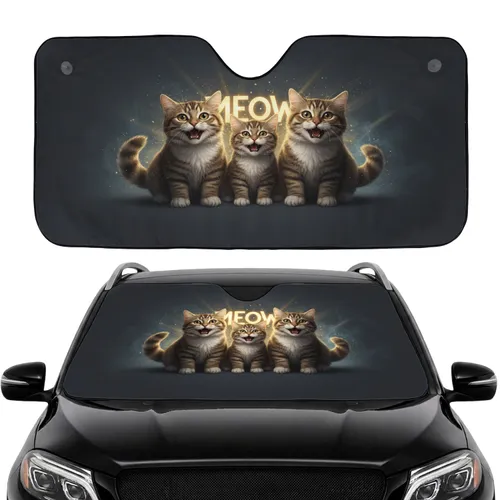 Three Wide-Eyed Tabby Cats 'MEOW' Text Travel Essentials Cat Lover Gift Car Sunshade