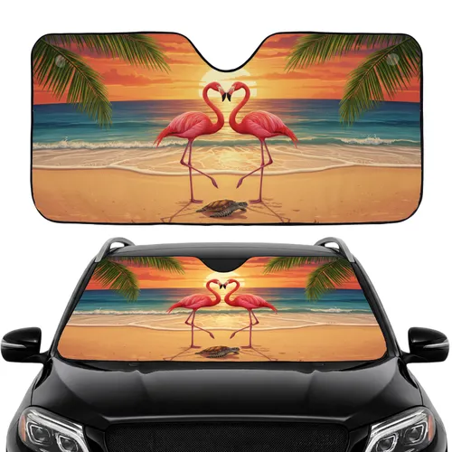 Flamingos Sea Turtle Tropical Beach Sunset Car Interior Upgrade Wildlife Lover Car Sunshade