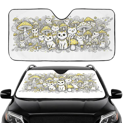 Cartoon Cats Mushrooms Foliage Field - Cat Lover Road Trip Car Interior Upgrade Car Sunshade