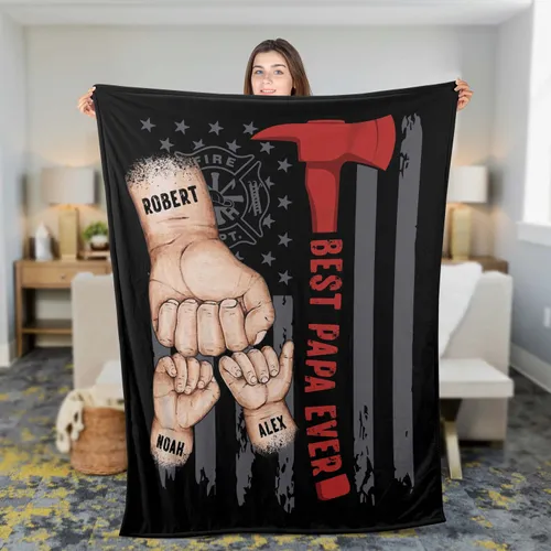 Personalized Firefighter Dad Best Dad Ever Fleece Blanket, Dad Fist Bump Blanket, Father's Day Gift for Dad, Grandpa, Fireman