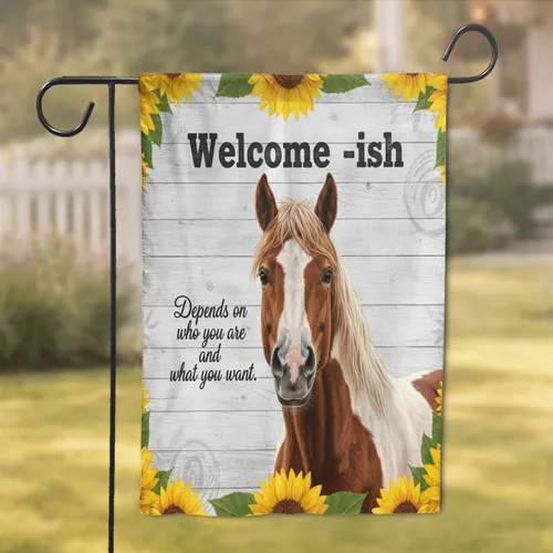 Brown Horse Sunflower Welcome-ish - Distressed Wood Farmhouse Home Decor Garden Flag
