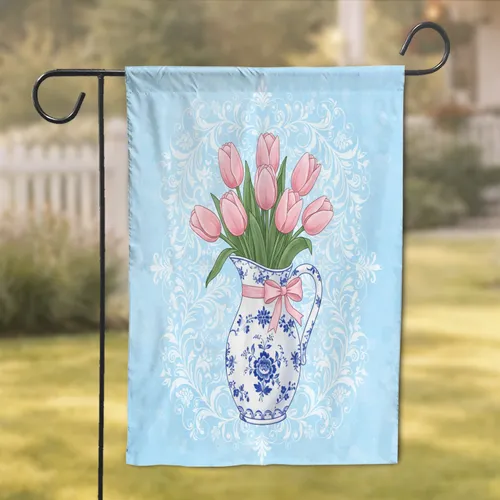 Pink Tulips White Pitcher Vase Blue Chintz Floral - Home Decor Gift Garden Flag