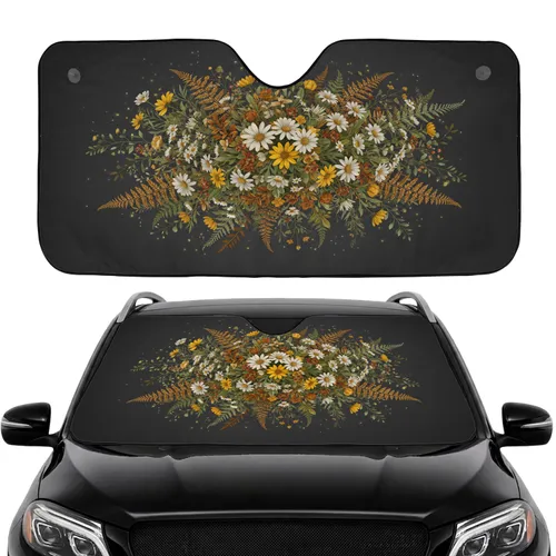 Intricately Intertwined Daisy Golden Yellow Blossom Wildflower Fern Botanical Cluster Car Interior Upgrade Car Sunshade