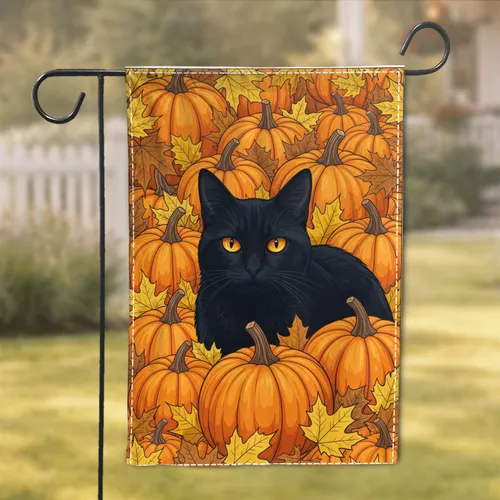 Black Cat Pumpkins Fall Leaves - Autumn Home Decor Gift for Cat Lover Garden Flag