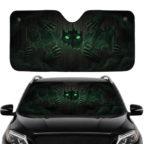 Glowing Green Eyes Skeletal Hands Dark Wood Planks - Travel Essentials Car Sunshade