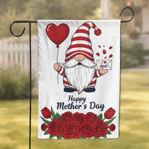 Happy Mother's Day Gnome Heart Balloon Pink Roses Tulips Foliage - Gift for Mom Garden Flag