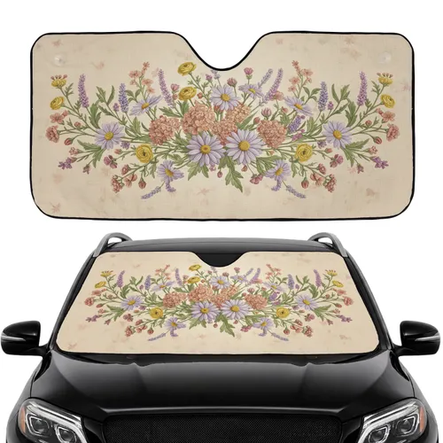 Wildflower Botanical Lilac Daisy Peach Floral - Road Trip Travel Essential Car Sunshade