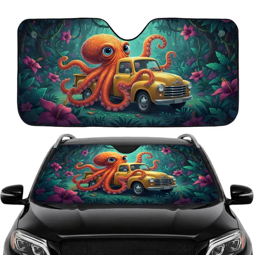 Octopus Pickup Truck Jungle Flowers Tropical Foliage Road Trip Travel Essentials Car Sunshade