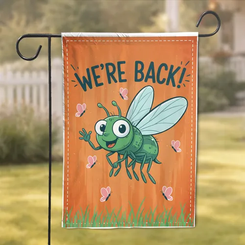 Smiling Housefly Pink Butterflies Grass WE'RE BACK! Welcome Home Decor Garden Flag
