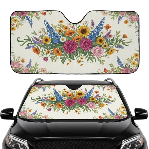 Fuchsia Orange Blue Wildflower Blossom Green Leaf Road Trip Essential Car Sunshade